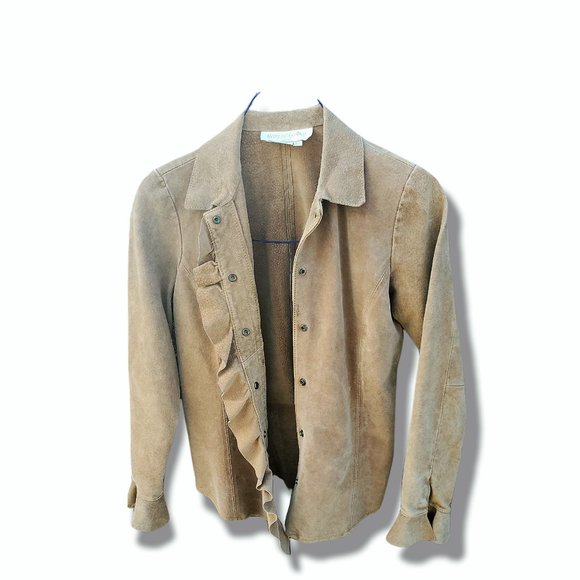 Margaret Godfrey Leather Suede Jacket  Size 4P Beige Leather Ruffle Snap Up Coat - Picture 3 of 7